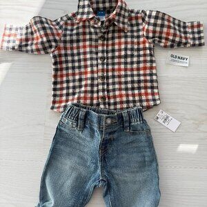 NWT Old Navy Baby Denim Jeans and Button Down Flannel 0-3M Black/White/Red